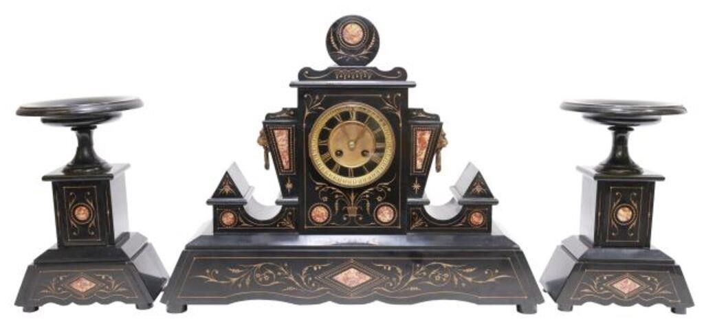 Appraisal: piece French Aesthetic Movement black slate mantel set late th