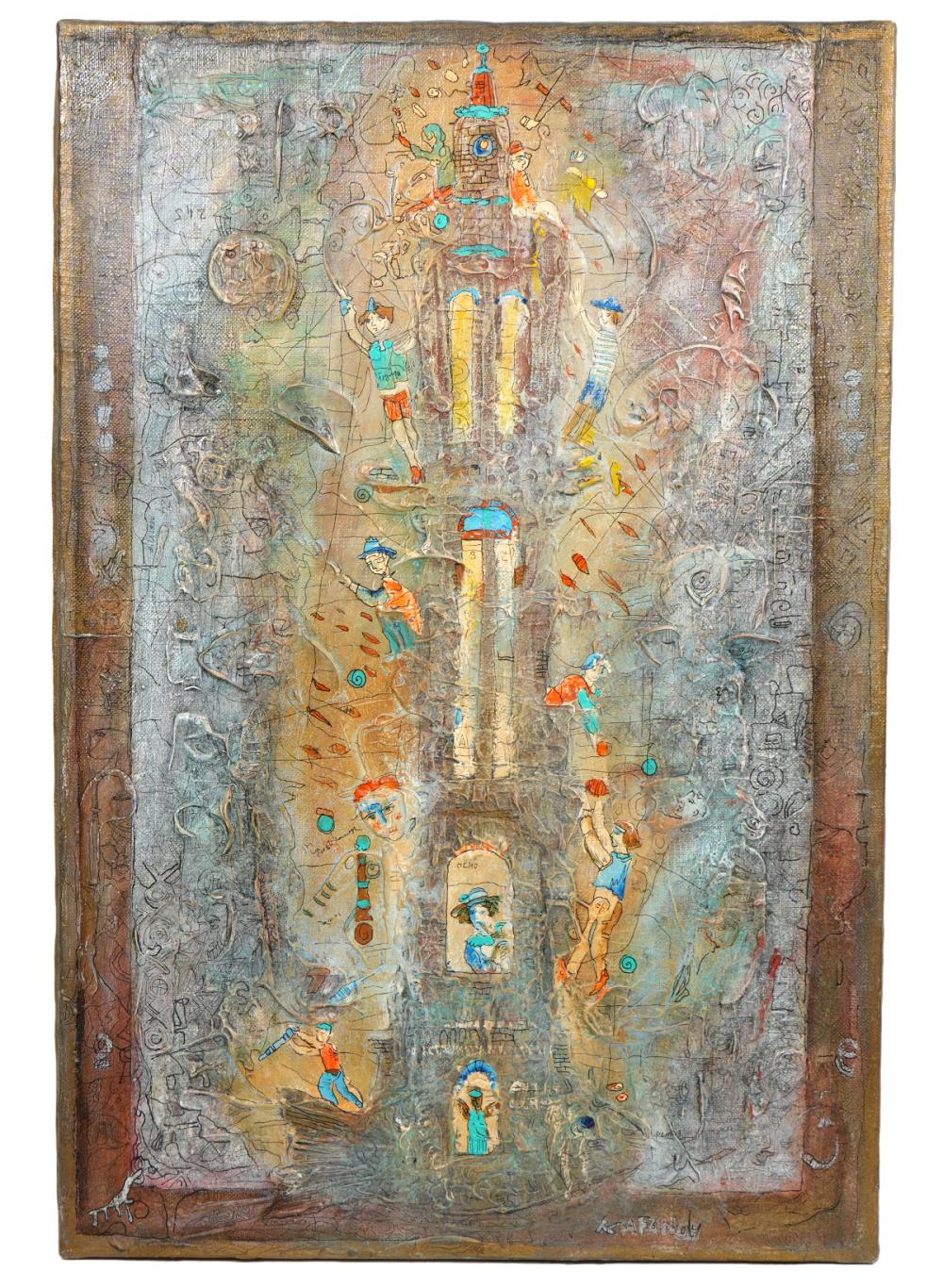 Appraisal: VASILY KAFANOV MIXED MEDIA 'FISH TOWER' PAINTINGVasil Kafanov Russian Born