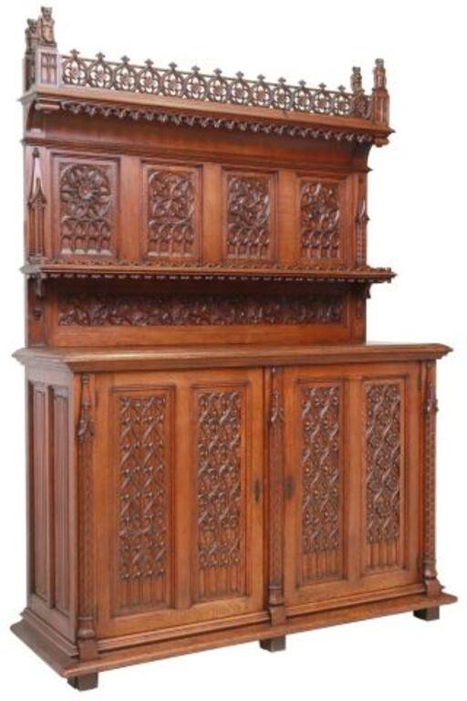 Appraisal: French Gothic Revival carved oak sideboard th c case heavily