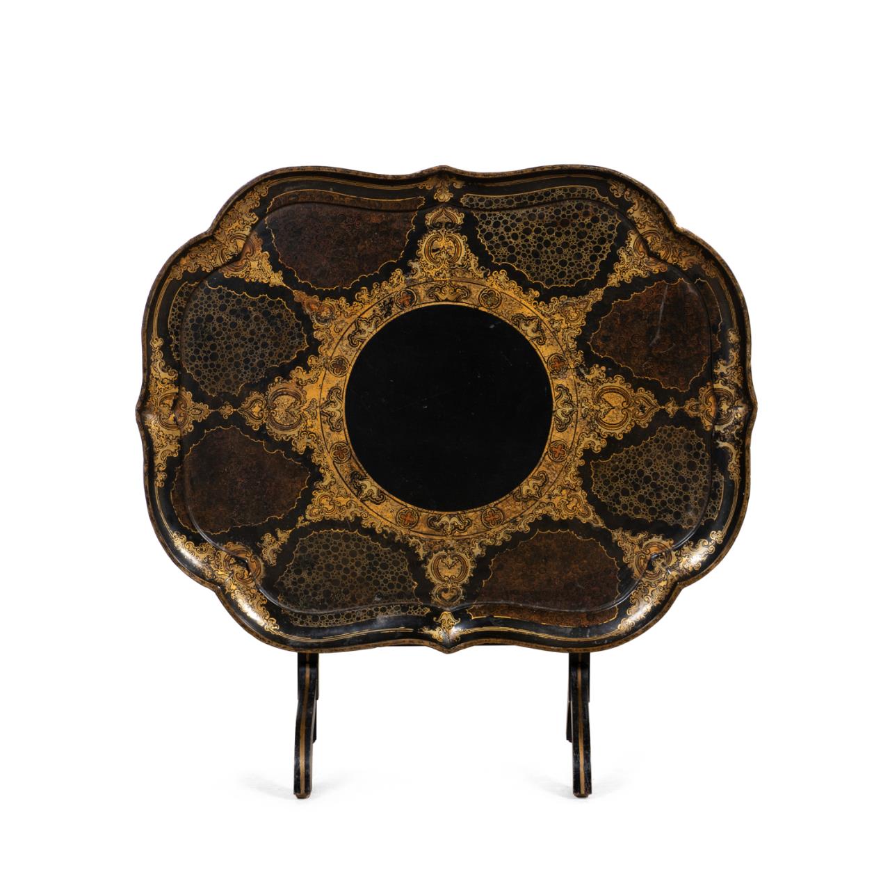 Appraisal: PAPIER MACHE GILT BLACK LACQUER TILT-TOP TABLE English or French