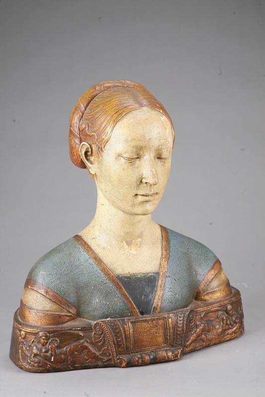 Appraisal: DECORATIVE BUST OF WOMAN Painted plaster bust of a woman