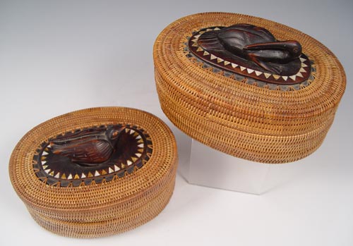 Appraisal: NORTHWEST SEA GRASS BASKETS WITH CARVED BIRDS To include Covered