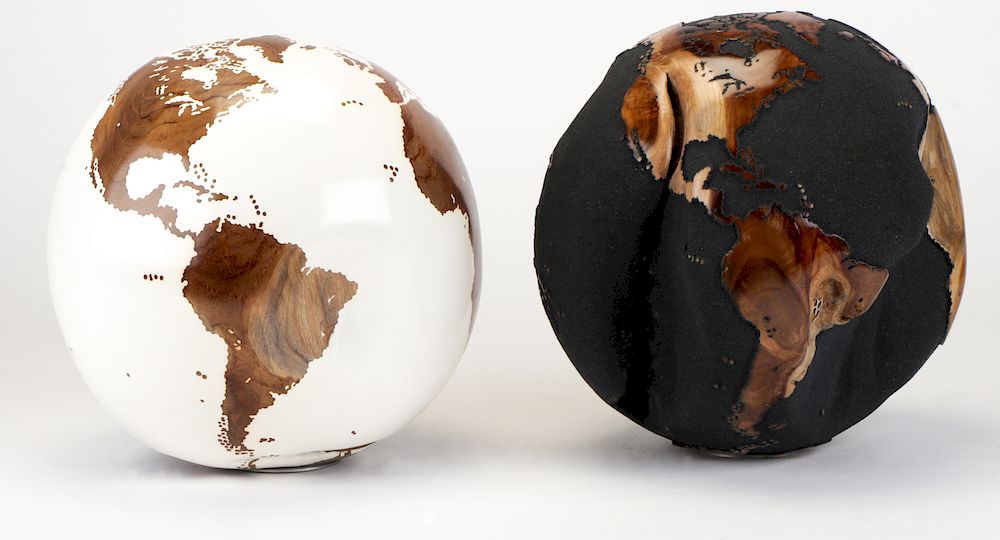 Appraisal: Bruno Helgen French b Two Teak Wood Root Globes Bruno