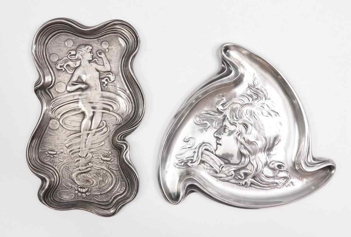 Appraisal: UNGER BROTHERS STERLING ART NOUVEAU TRAYS pieces to include Woman