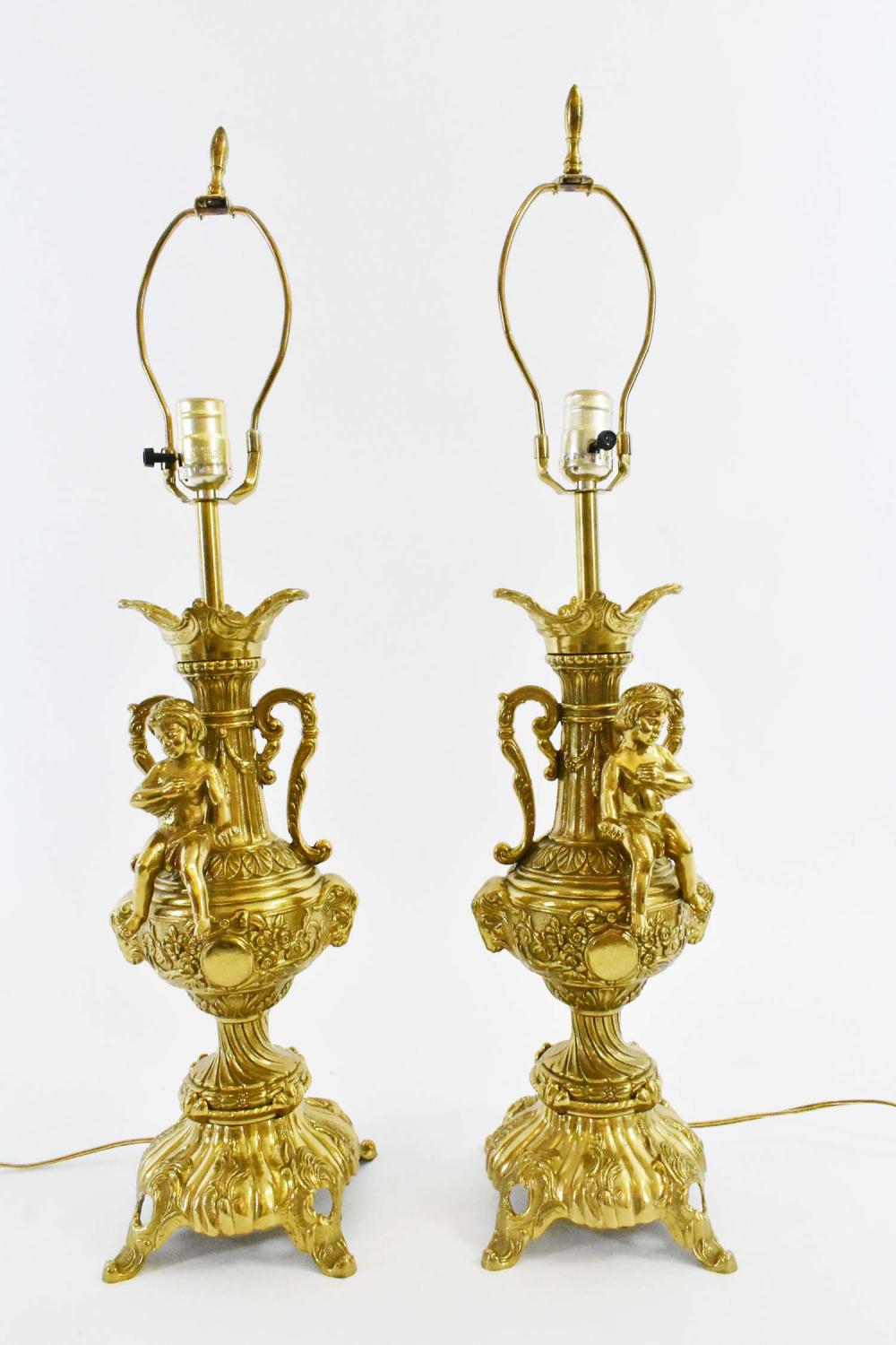 Appraisal: PAIR OF GILT METAL URN-FORM LAMPSEach with scrolled handles and