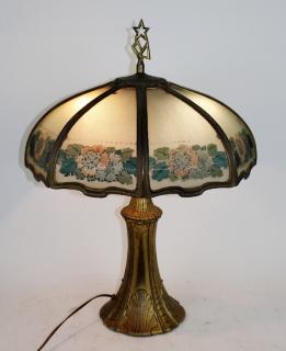 Appraisal: American reverse painted slag glass lamp American reverse painted -panel