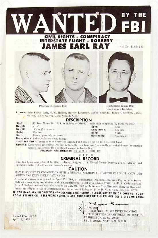 Appraisal: Original FBI Wanted Poster James Earl Ray dated April black