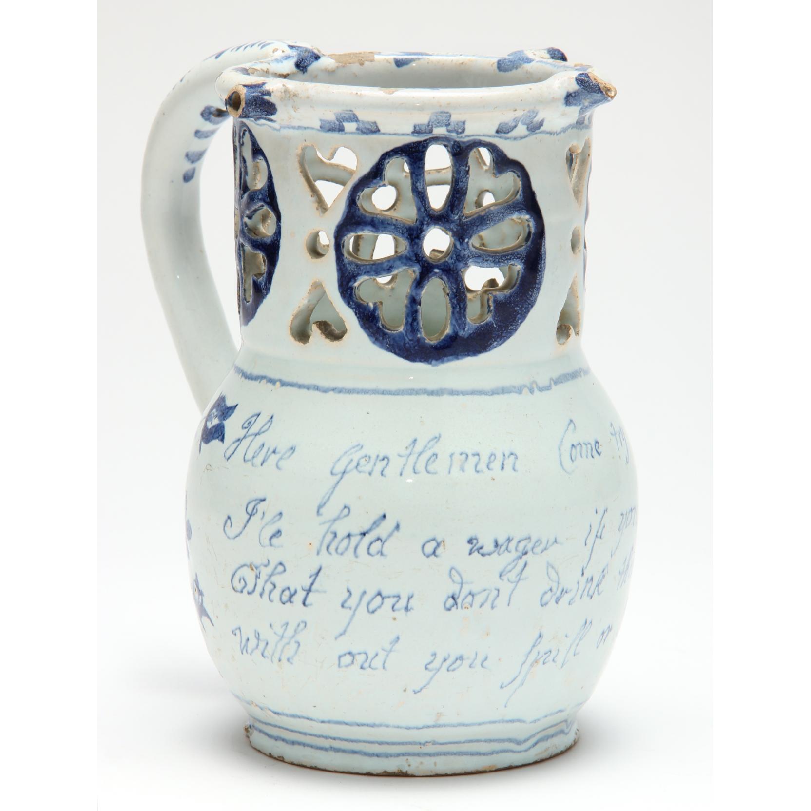 Appraisal: English Delft Puzzle Jug th- th century the handle is