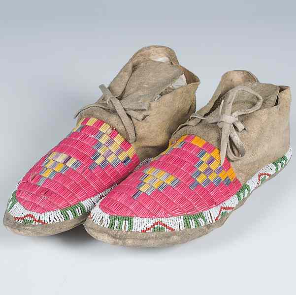 Appraisal: Sioux Beaded and Quilled Hide Moccasins sinew-sewn with beaded lane