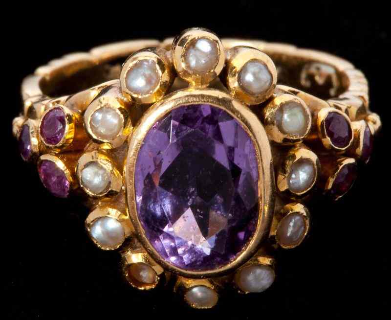 Appraisal: Vintage KT Amethyst and Seed Pearl Ringcentering on one bezel