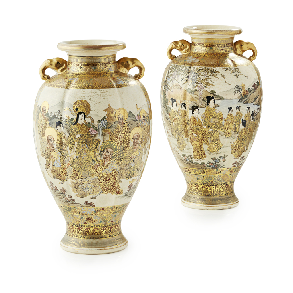 Appraisal: PAIR OF SATSUMA LOBED VASES MEIJI PERIOD the ovoid body