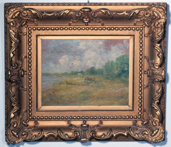 Appraisal: Impressionistic coastal landscape of house with dock oil on board