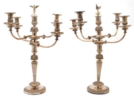 Appraisal: Pair of Egyptian Revival Silverplate Four-Light Candelabra decorated with pharaoh