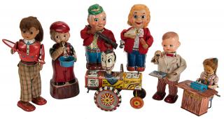 Appraisal: Group of Seven Vintage Tin Litho Wind-Up Toys Mid-twentieth century