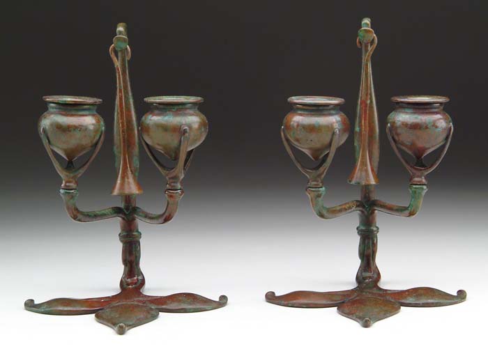 Appraisal: PAIR TIFFANY FLEUR DE LIS CANDLESTICKS Nice double cup candlesticks