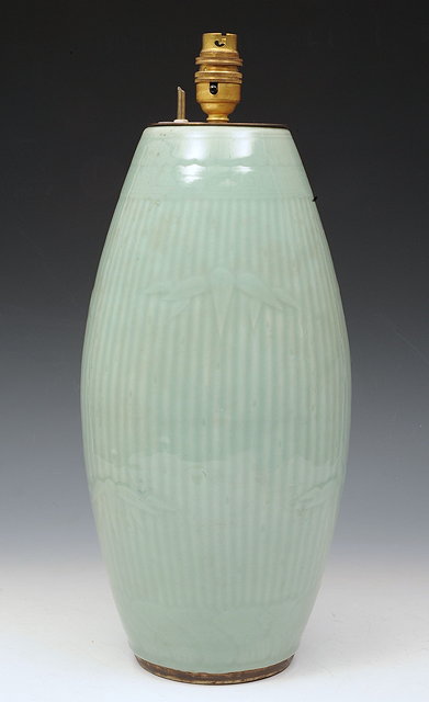 Appraisal: A CHINESE CELADON PORCELAIN VASE of reeded form with bamboo