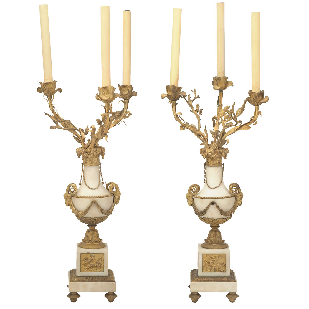 Appraisal: Pair of Louis XVI Style Gilt-Bronze and White Marble Three-Light