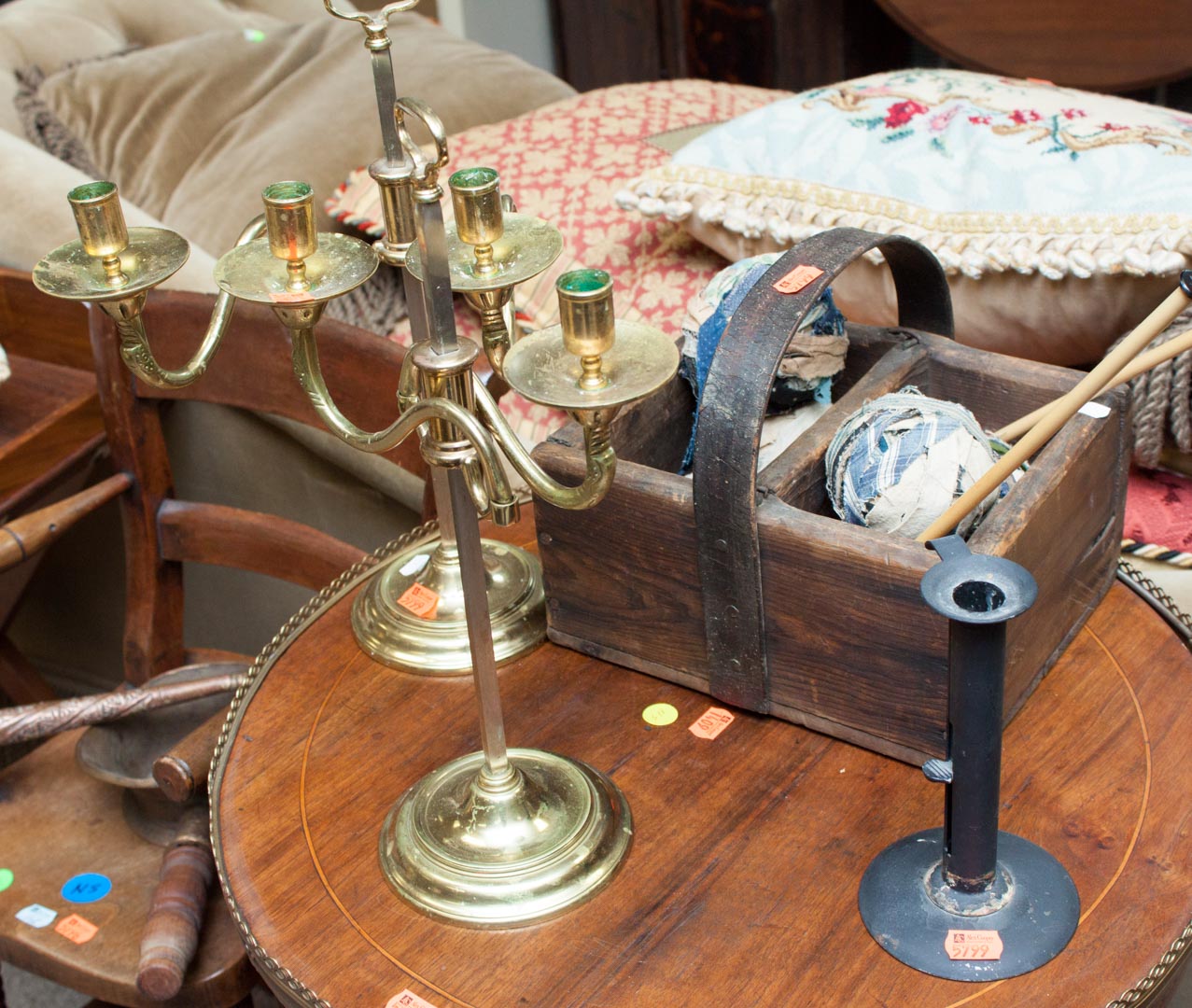 Appraisal: Three candlesticks and knitting kit pair of brass sticks Williamsburg