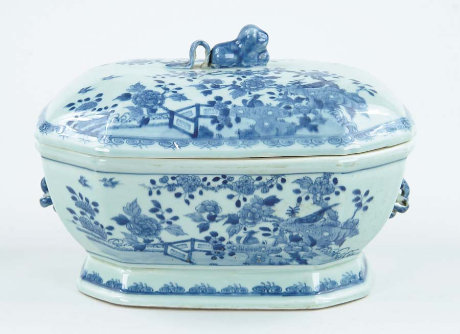 Appraisal: LARGE CANTON BLUE AND WHITE SOUP TUREEN Cut corner design