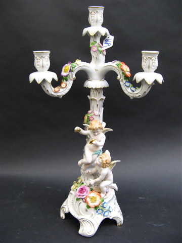 Appraisal: GERMAN VON SCHIERHOLZ PORCELAIN CANDELABRUM four lights having hand painted