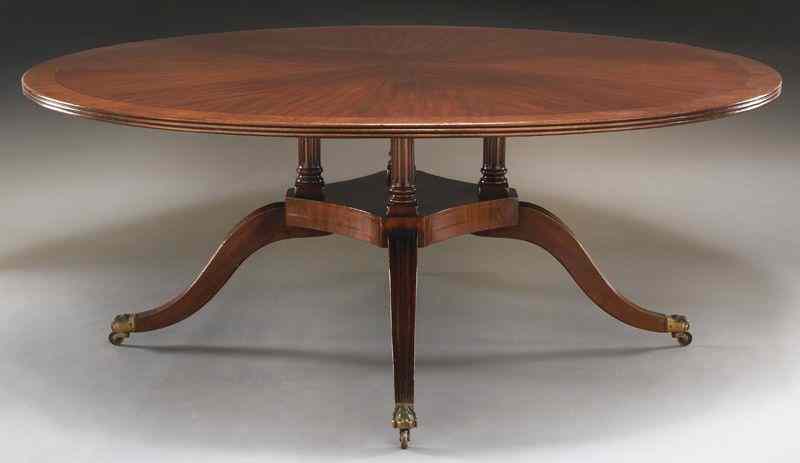 Appraisal: Mahogany circular crossbanded dining tablewith reeded edge the top supported