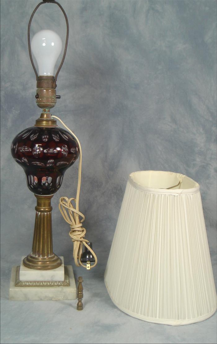 Appraisal: Ruby cut to clear crystal brass and marble table lamp