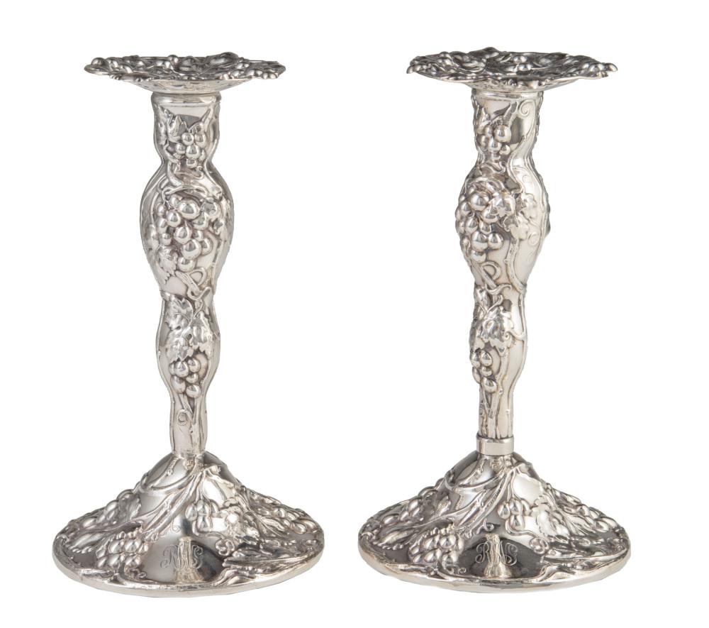 Appraisal: Pair of American Sterling Silver Repousse Vintage Motif Candlesticks Mauser