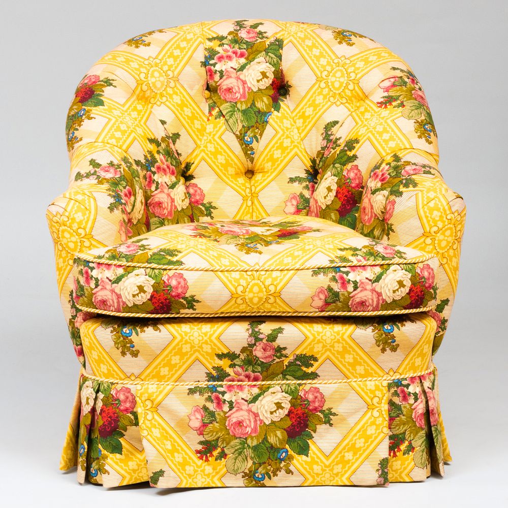 Appraisal: Floral Linen Tufted Upholstered Club Chair x x in Height