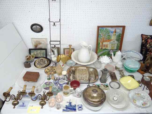 Appraisal: Large misc lot including sconces ironstone silverplate paintings needlework pillows