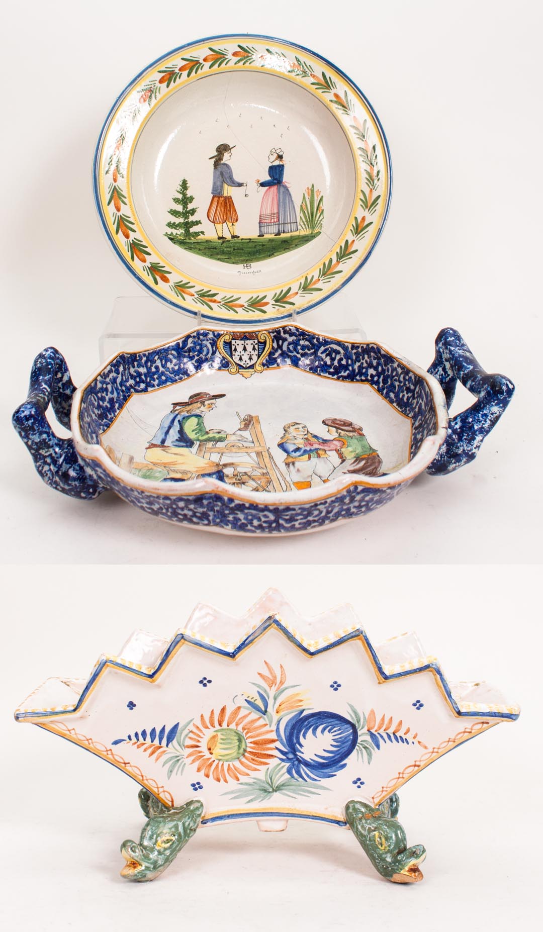 Appraisal: Three Quimper Faience articles th century Porquier Beau double-handled bowl