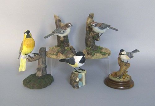 Appraisal: Three carved and painted birds together with two composition sparrows