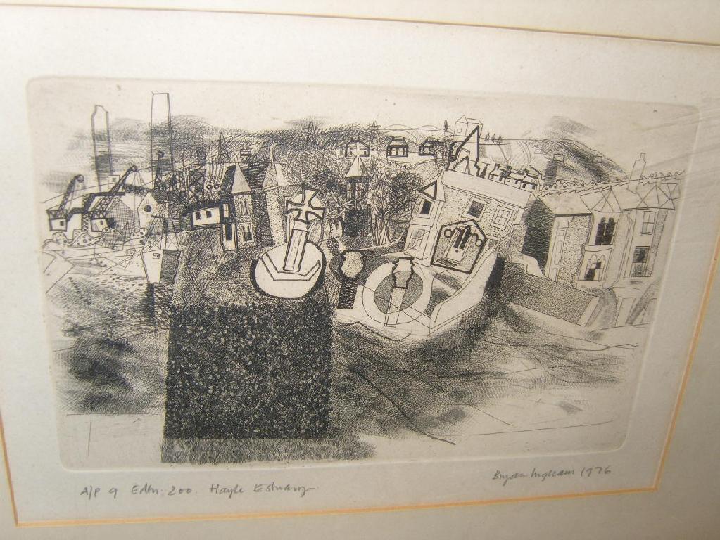 Appraisal: A black and white etching by Bryan Ingham showing a