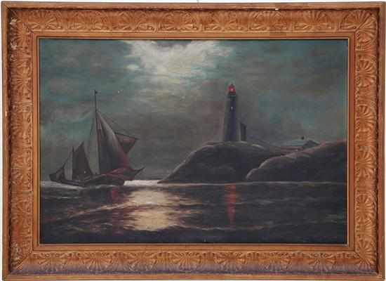 Appraisal: American school circa LIGHTHOUSE IN MOONLIGHT oil on canvas framed