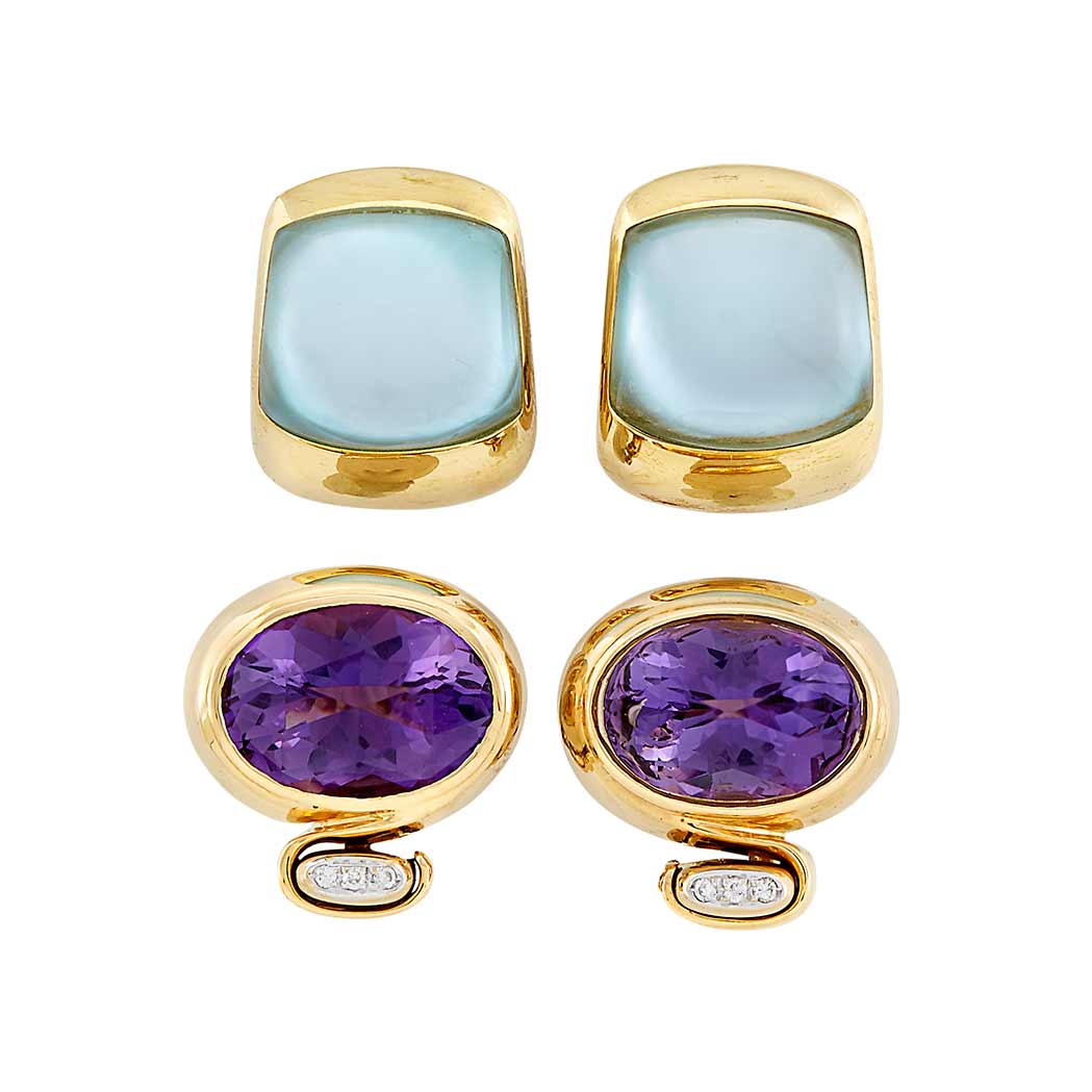 Appraisal: Pair of Gold Amethyst and Diamond Earclips and Pair of