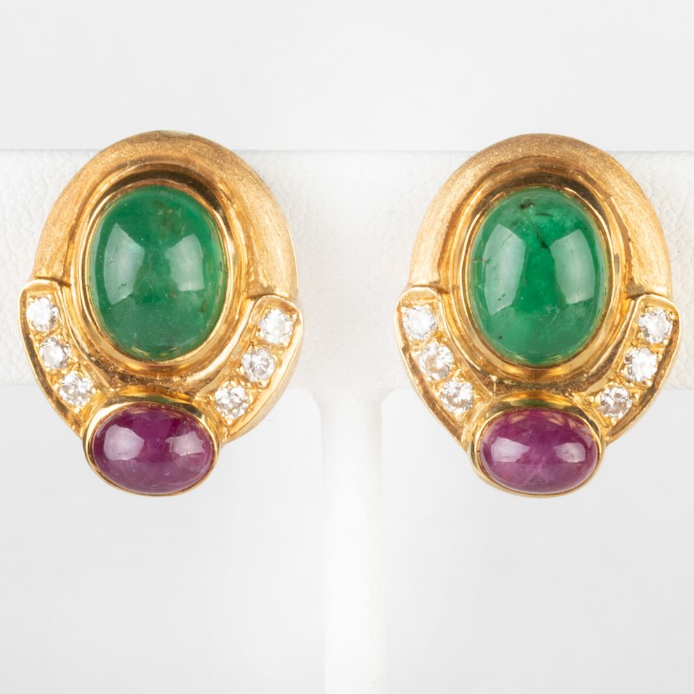 Appraisal: Pair of k Gold Diamond Cabochon Ruby and Emerald Earclips