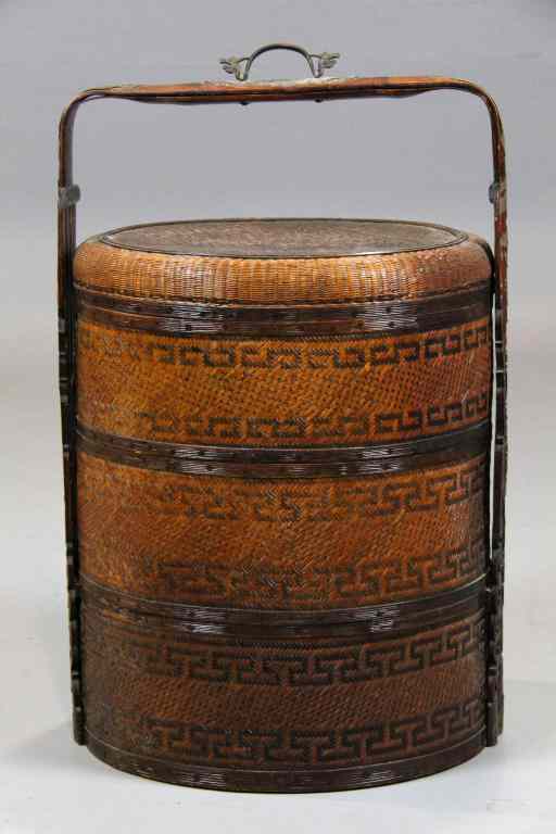 Appraisal: Chinese Food Container Of Wood Brass WickerLarge stacking -section wicker