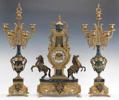 Appraisal: A Brass and Marble Clock and Candlestick Garniture Set Large