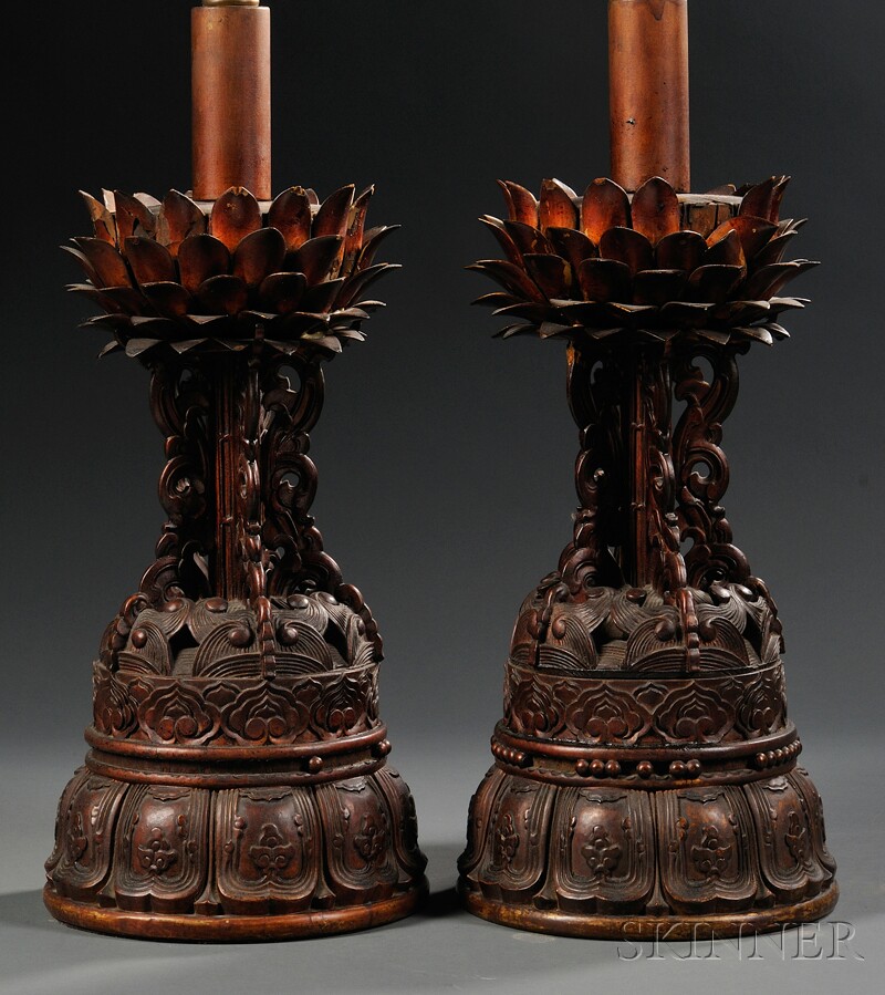 Appraisal: Pair of Asian Export Carved and Lacquered Wood Lamp Bases