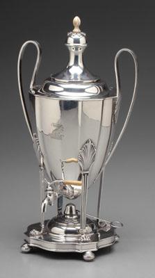 Appraisal: Silver-plated hot water urn neoclassical style post with paw feet