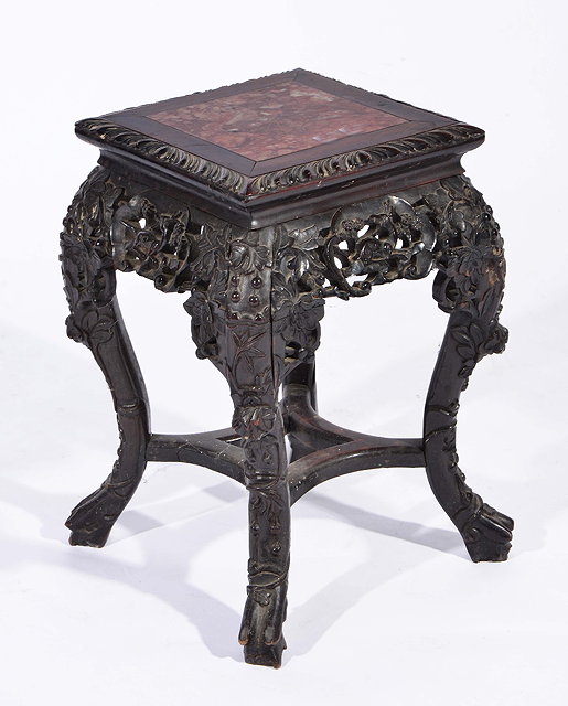 Appraisal: A CHINESE HARDWOOD JARDINIERE STAND with inset square marble top