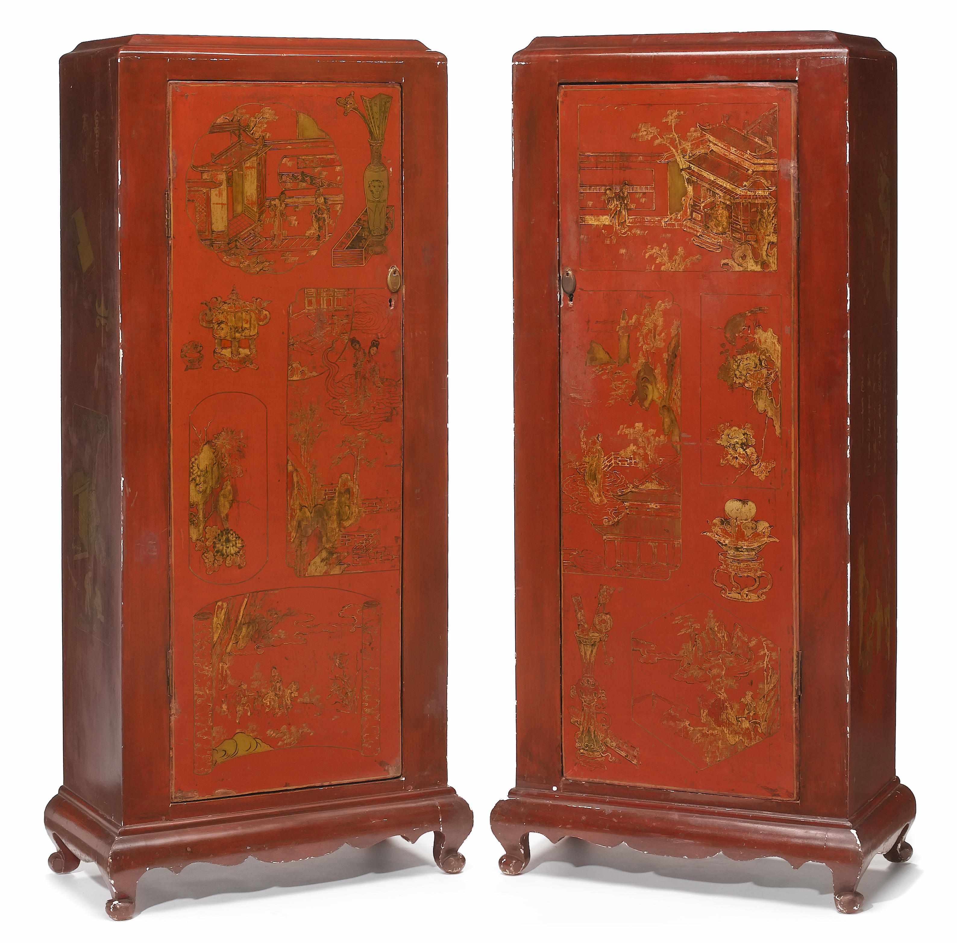 Appraisal: A pair of Chinese scarlet lacquered cupboards doors th century