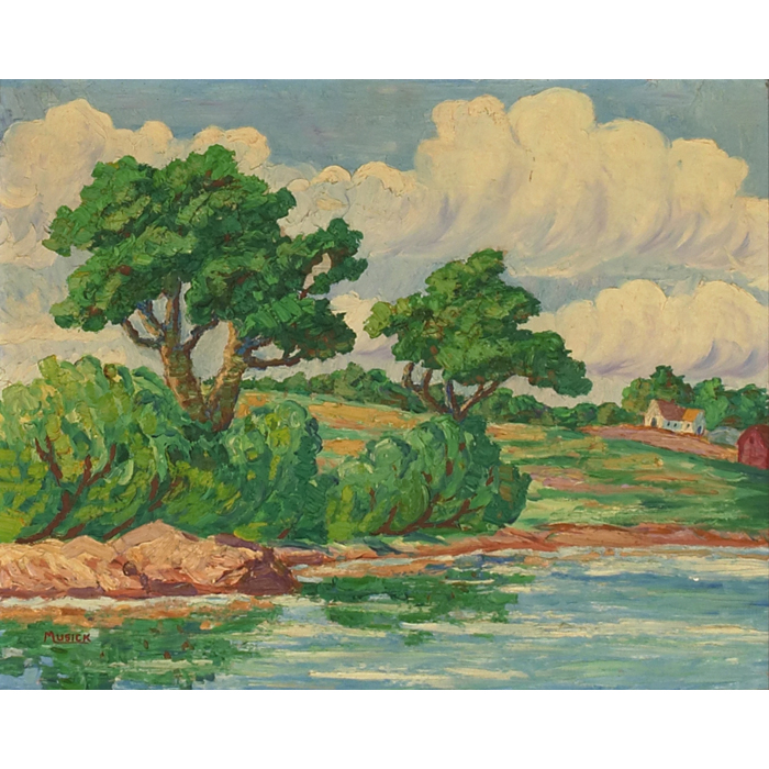 Appraisal: William E Musick American b Riverbed Landscape c oil on