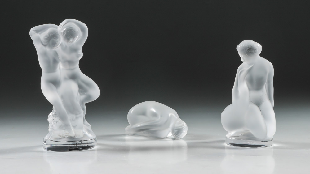 Appraisal: LALIQUE CRYSTAL NUDE FIGURES pieces total to include ''Leda'' woman