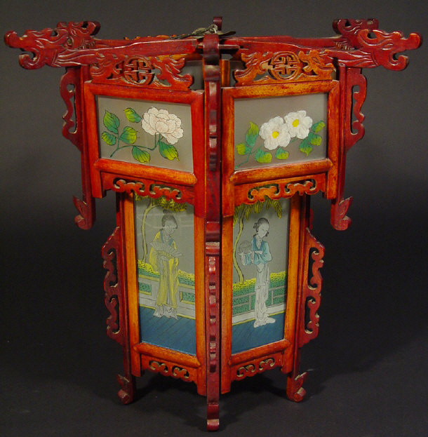 Appraisal: Oriental hexagonal hardwood hanging lantern with hand painted glass panels