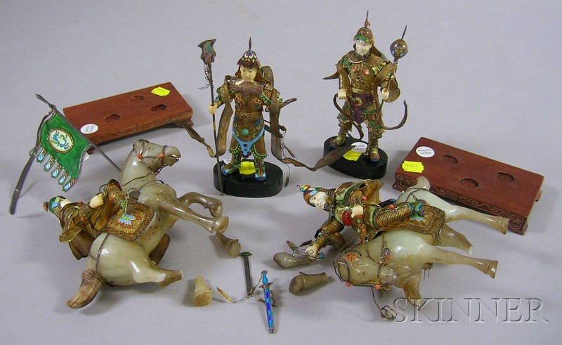 Appraisal: Four Asian Enameled Gilt-metal Filigree Carved Ivory and Hardstone Warrior