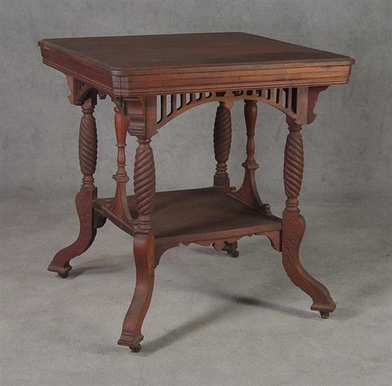 Appraisal: Walnut Square Center Table Turn-of-the-Century Rope turned legs above medial