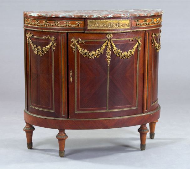 Appraisal: Louis XVI-Style Kingwood and Gilt-Bronze-Mounted Demi-Lune Marble-Top Salon Cabinet early