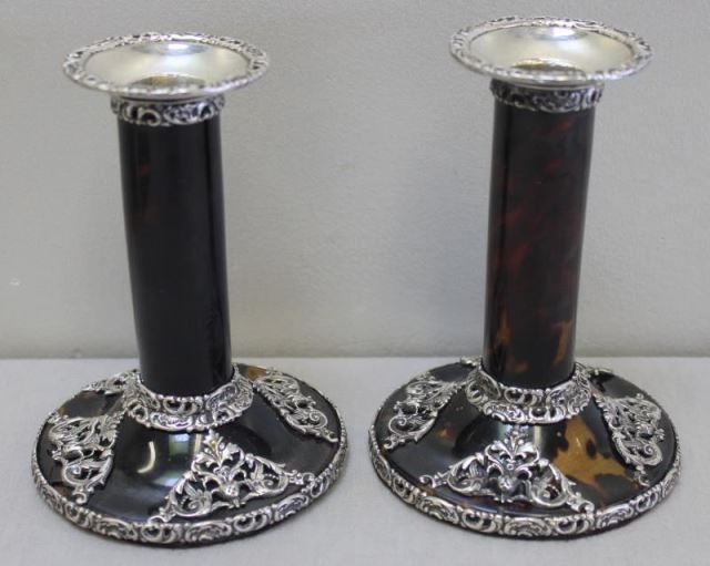 Appraisal: STERLING Pair of Antique Silver Mounted Tortoise Shell Candlesticks With