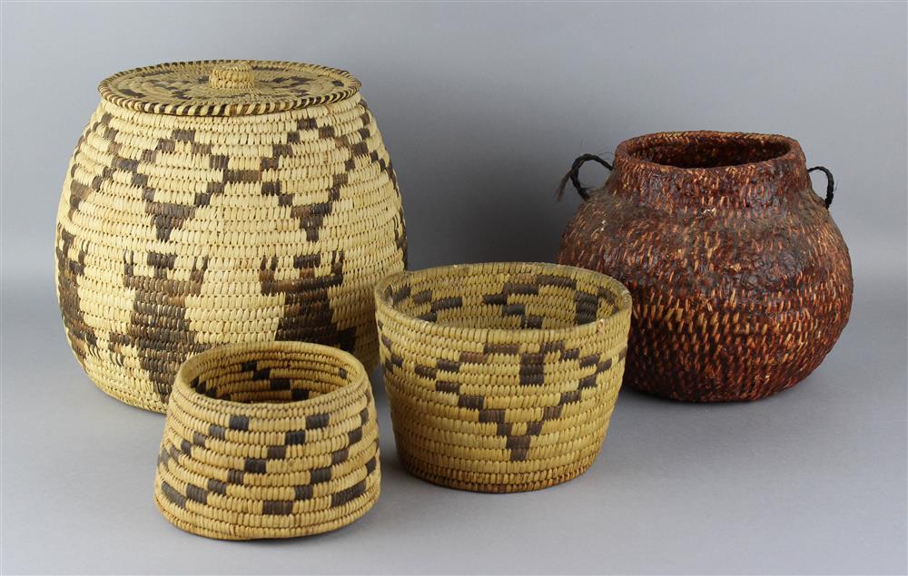 Appraisal: FOUR NATIVE AMERICAN INDIAN BASKETS INCLUDING PAPAGO AND APACHE three