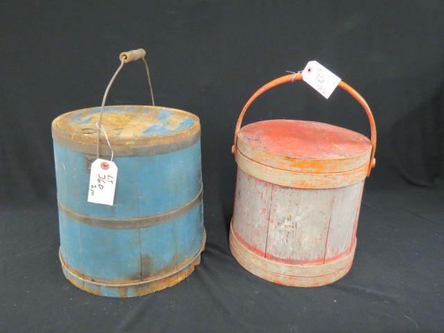 Appraisal: Firkin Style Boxes red paint blue paint swing handles